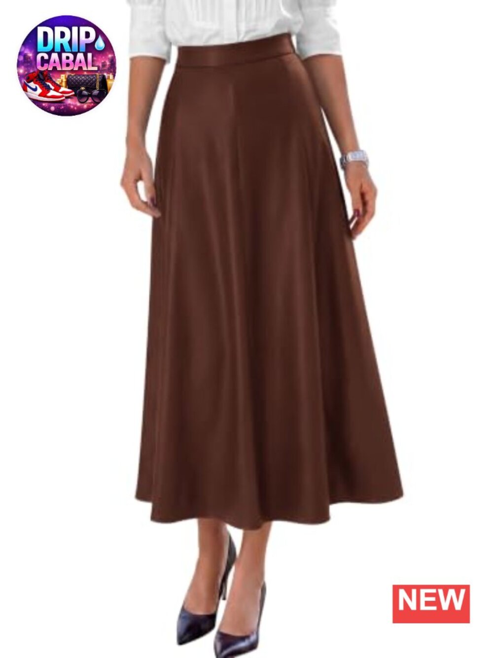 Faux Leather High Waisted Midi Skirt A-Line Pleated Flowy